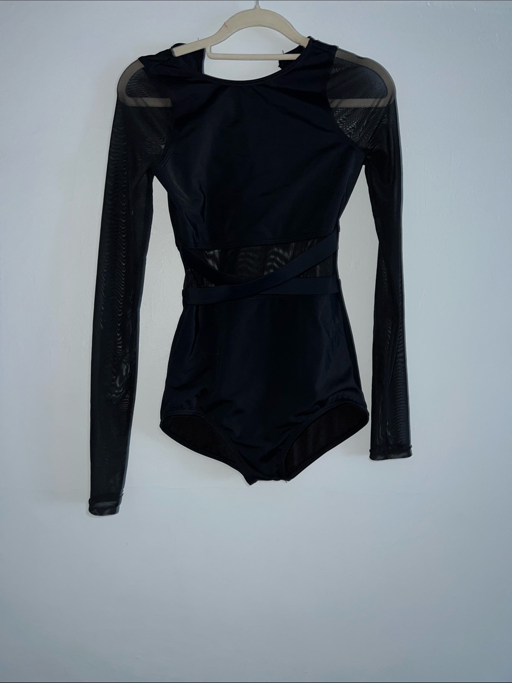 balera Black Long-Sleeve Mesh Panel Dance Leotard Bodysuit